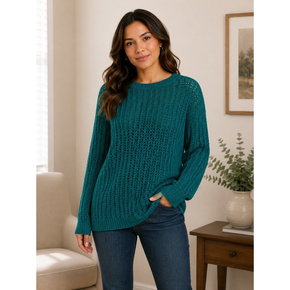 J. Jill Womens Teal Open-Stitch Cotton Blend Raglan Pullover Sweater Size M